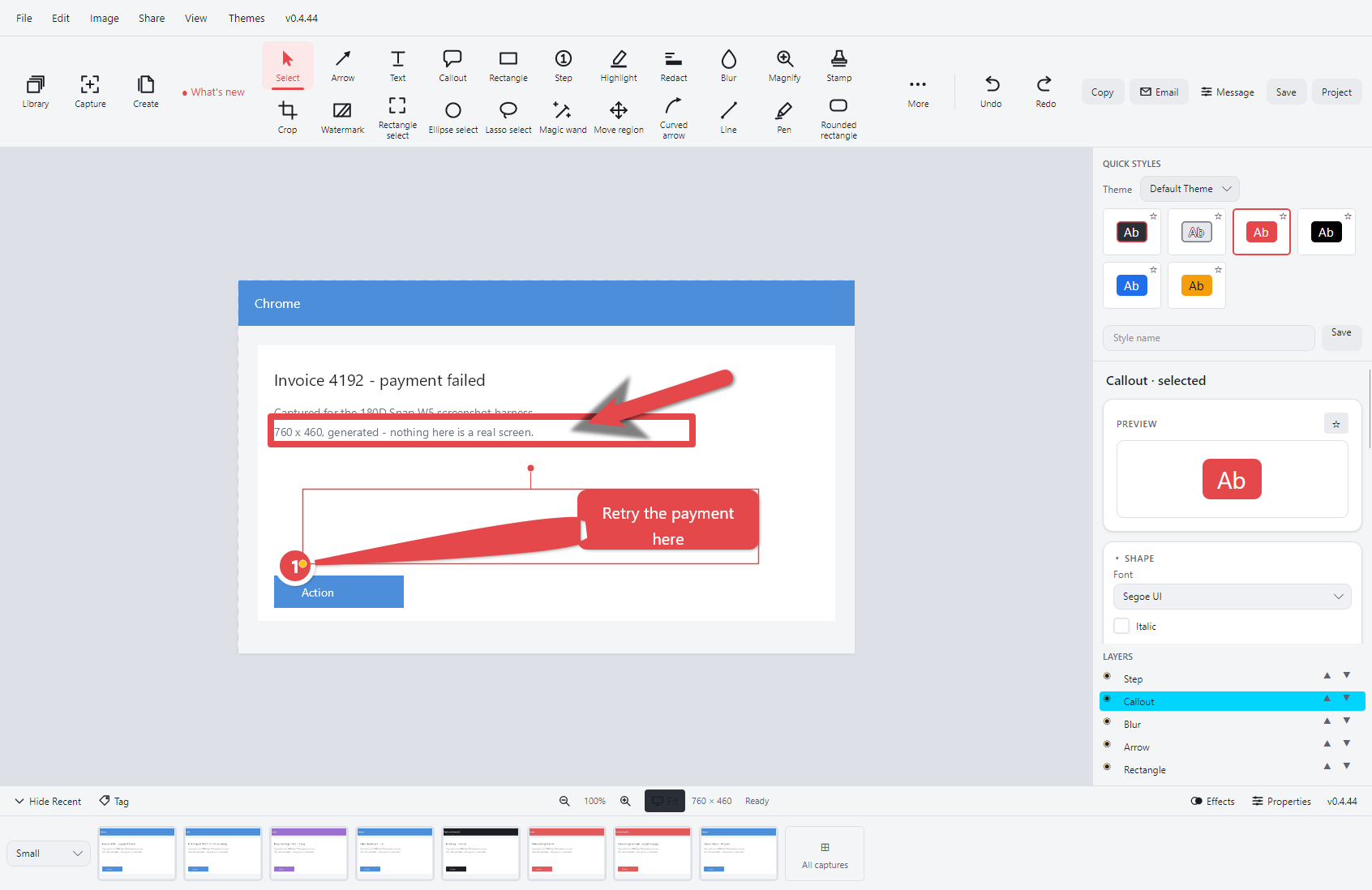 The ScreenSnip editor with a screenshot open, a tool strip along the bottom and a properties panel for the selected tool.