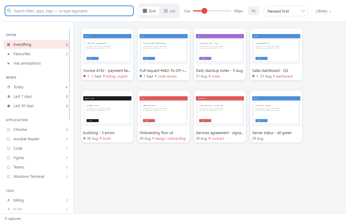The ScreenSnip library, showing captures as thumbnails with their tags, and filters for dates, applications and tags down the left.