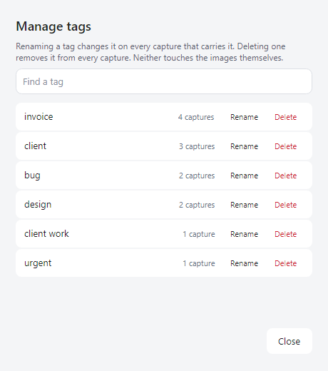 The tag manager, listing each tag with how many captures use it and buttons to rename or delete it.